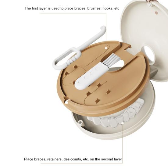 Doughnut Retainer Case with Hook Cleaning Brush Double Layers Portable Invisible Brace Storage Box Mouth Guard Denture Dental Aligner Container Holder