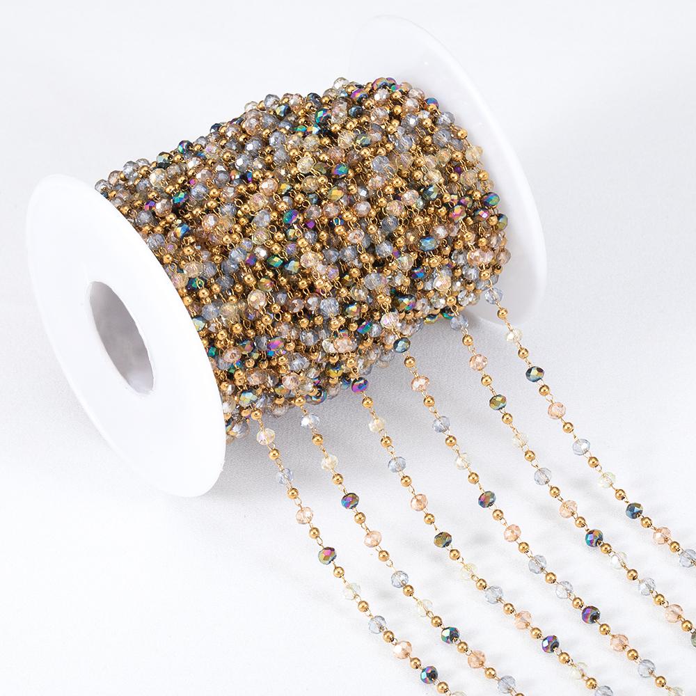 1M Stainless Steel Gold Color Chain Colorful Crystal Beads Chains for DIY Women Necklaces Bracelets Jewelry Making Accessories