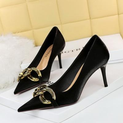 Women's European and American Fashion Banquet Slim Heel Shallow Mouth Pointed Large Metal Buckle High Heel Shoes