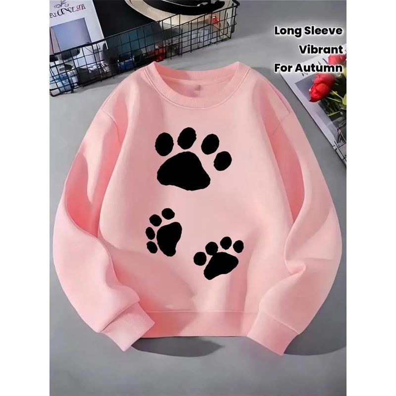 European sizes Kids' Crewneck Sweatshirt - Paw Prints Pattern Black White, Sportswear And Casual Wear, Soft And Comfortable, Clothing, Teenagers