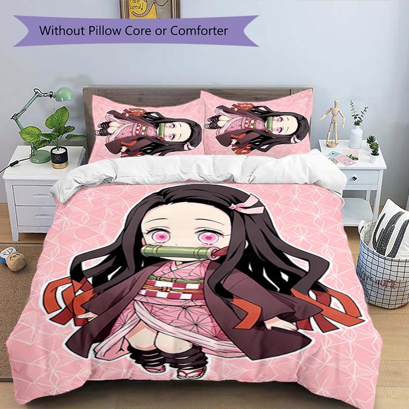3pcs Demon Slayer Nezuko2 Pattern Bedding Set Duvet Cover Set Includes Duvet Cover &pillowcases, Perfect All Season Bedroom Decoration & Gift
