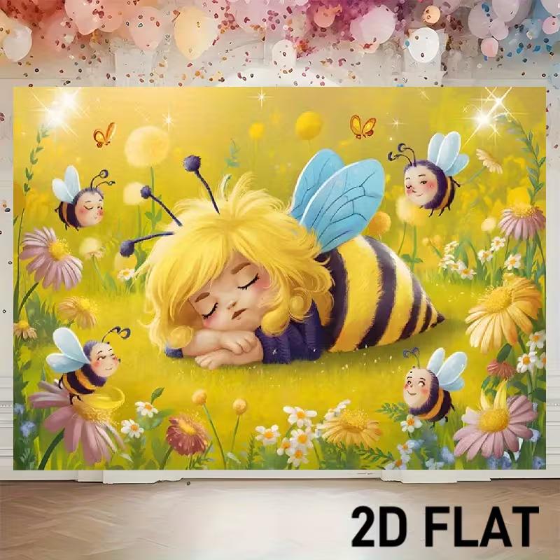 2D Verzauberter Garten Hintergrund, Schlafendes Bienenmädchen und Bunte Blumen für Party-Fotoshooting