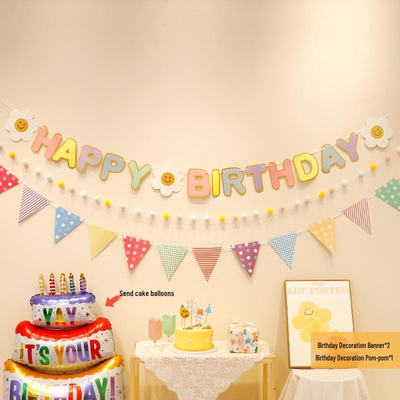 First Birthday Party Hanging Decoration: Happy Birthday Banner with Pom Poms and Bunting for Kids.