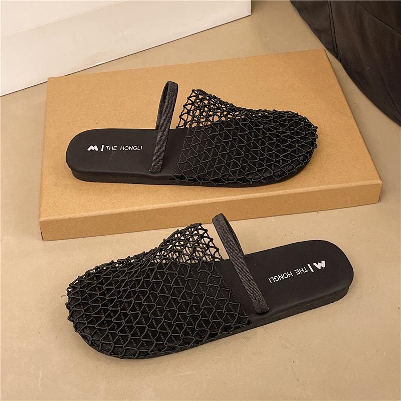 Fashion 2025 Summer New Women's Slippers Sandals Party Shoes for Women Fashion Strange Style Square Toe Shallow Band Weaving Slip-On