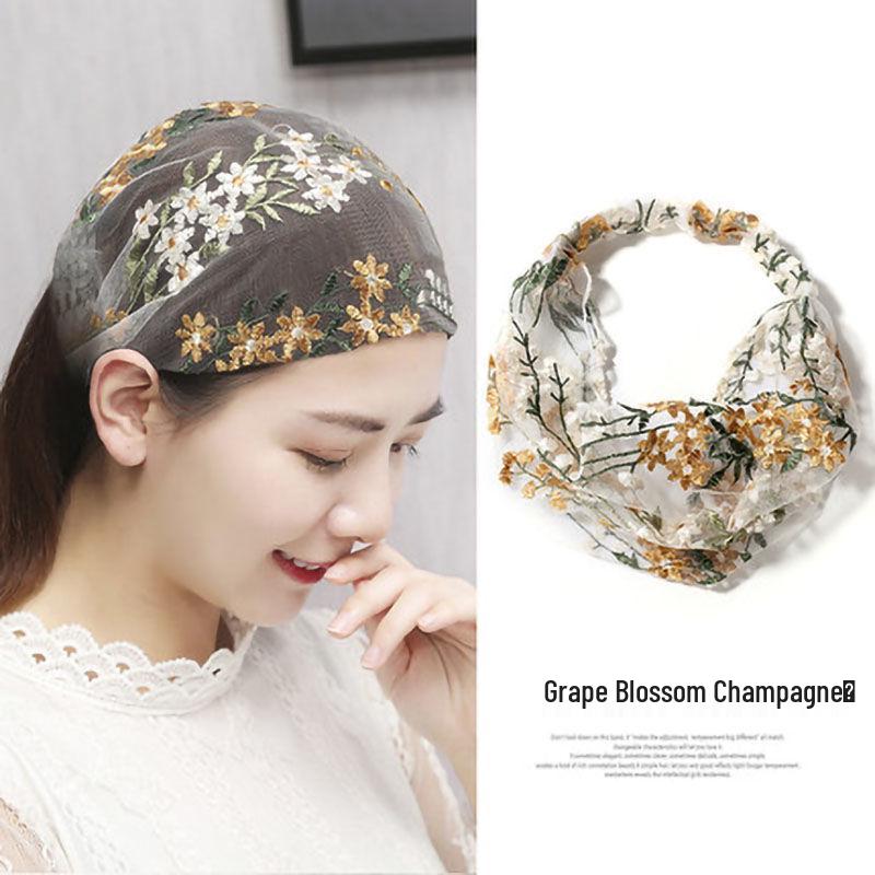 Breathable Lace Floral Mesh Headband & Hair Scarf - Wide Brim Cover for Face Wash & Gray Hair, Outdoor Hairband Accessory