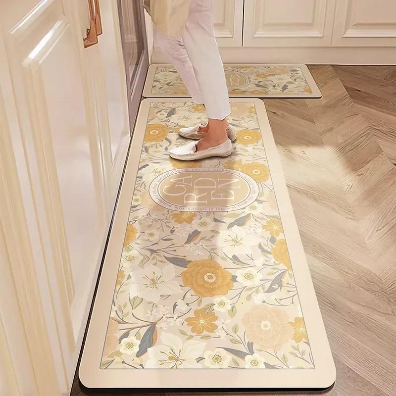 Kitchen Floor Mat Absorbent Carpet Diatom Mud Non-slip Foot Mats Sweet Flower Pastoral Home Decoration Rug Shower Area Toilet