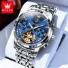 OLEVS 6617 Original Herrenuhr Luxus Skelett Hohl Schwungrad Automatikuhr für Herren Kalender Wasserdicht Mondphase Armbanduhr
