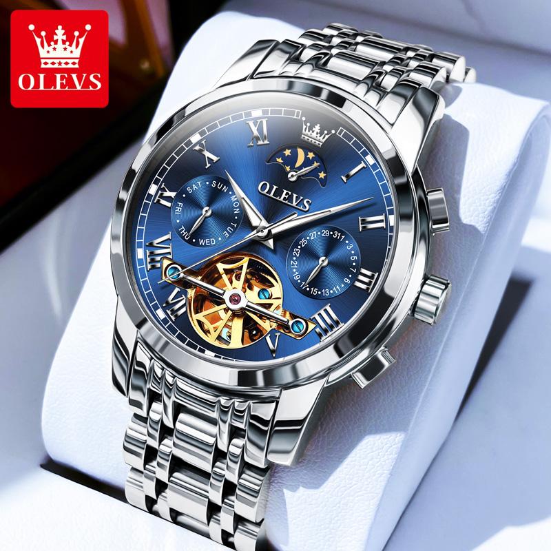 OLEVS 6617 Original Herrenuhr Luxus Skelett Hohl Schwungrad Automatikuhr für Herren Kalender Wasserdicht Mondphase Armbanduhr