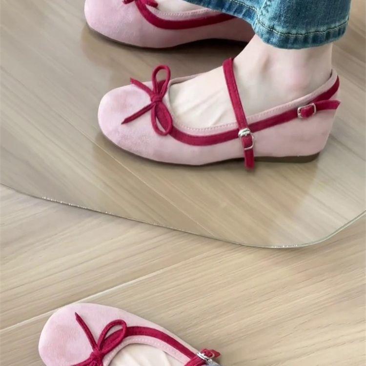 French bow shallow mouth single shoes women's small height increase 2025 spring new one-word belt Mary Jane shoes ballet shoes