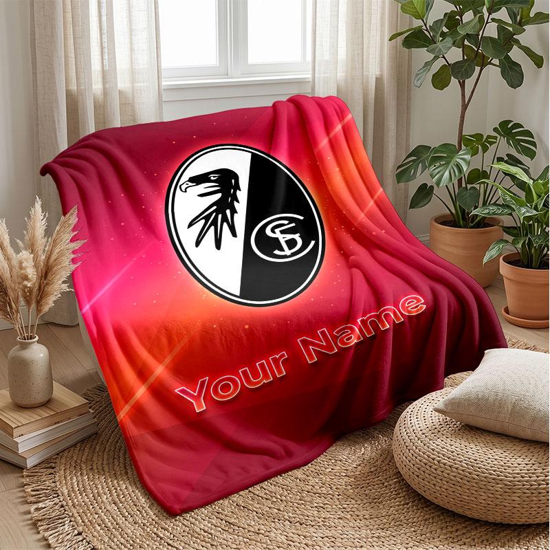 SC Freiburg FC Custom Name Text Flannel Blanket Soccer Logo Personalized Fleece Throw Blanket Special Gift For Sofa Bedroom Home