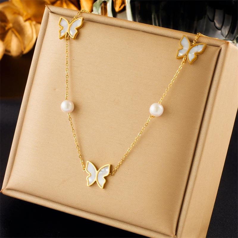 Elegant Gold Plated Pearl Butterfly Necklace Rectangular Accent Pendants