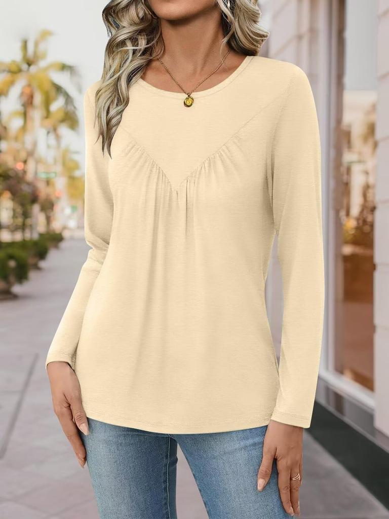 Women's T-shirt, Solid Color, Round Neck, Long Sleeve, Irregular Button, Hem Top