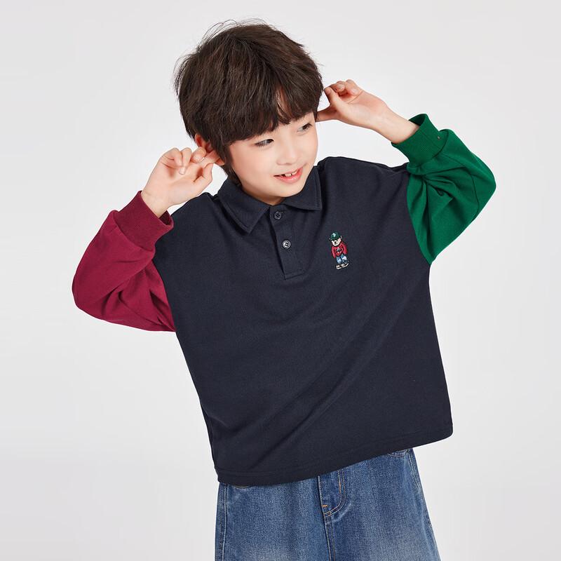 Boys' Colorblock Long-Sleeve Polo Shirt with Pocket Bear Design