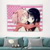 Madoka Kawaii Anime Girls Pink Flag Tapestry, Cute Crossover Polyester Wall Hanging For Bedroom Dorm, Y2K Anime Aesthetic Room D