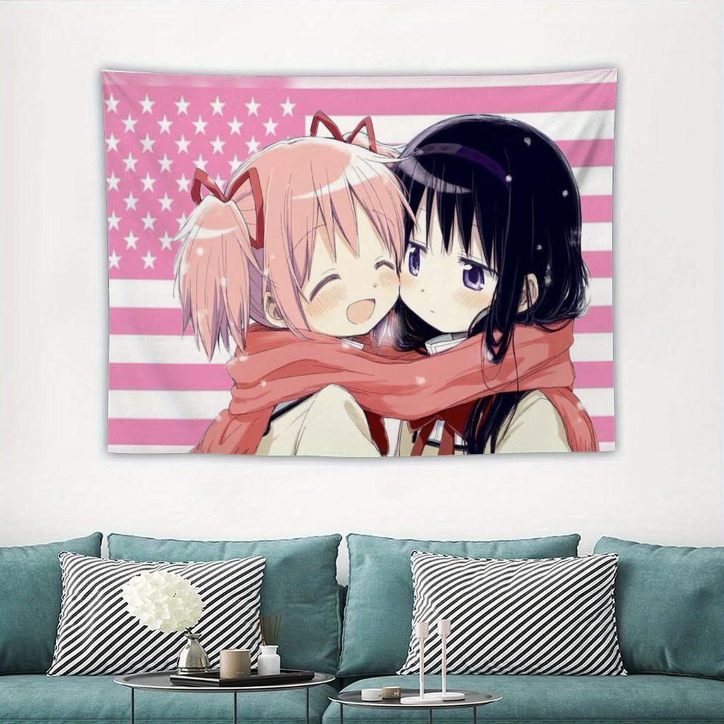 Madoka Kawaii Anime Girls Pink Flag Tapestry, Cute Crossover Polyester Wall Hanging For Bedroom Dorm, Y2K Anime Aesthetic Room D