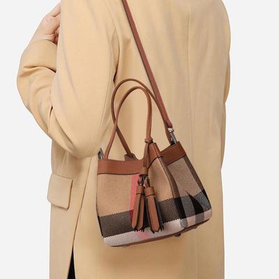 Neue Damen-Umhängetasche aus echtem Leder und Canvas, Eimertasche, kleine Tasche