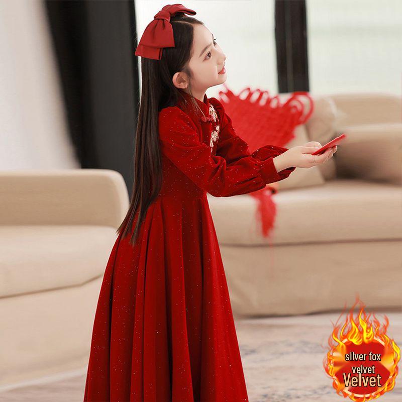 Girls' Formal Red Embroidered Dress - Korean Velvet Silver Fox, Elegant Long-Sleeve, 410g