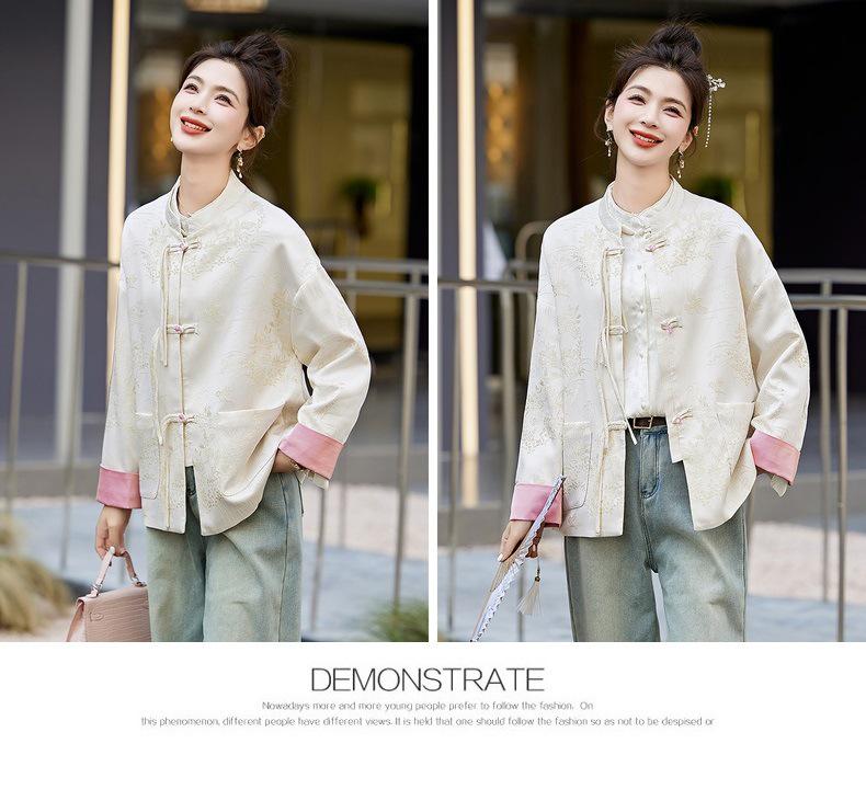 Jachetă elegantă de damă în stil chinezesc: Design High-End, Jacquard Brodat Retro, Guler Înalt cu Nasturi pentru Primăvară și Toamnă