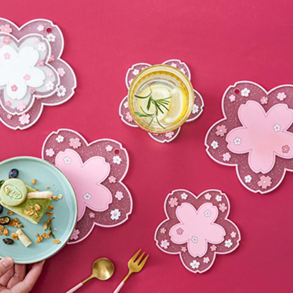 EZ APPLE Silicone Coaster, Cute Cherry Blossom Design, Stable, Quick-Drying, Non-Slip, Simple and Stylish, Pink Floral Mug Coaster for Drinks,