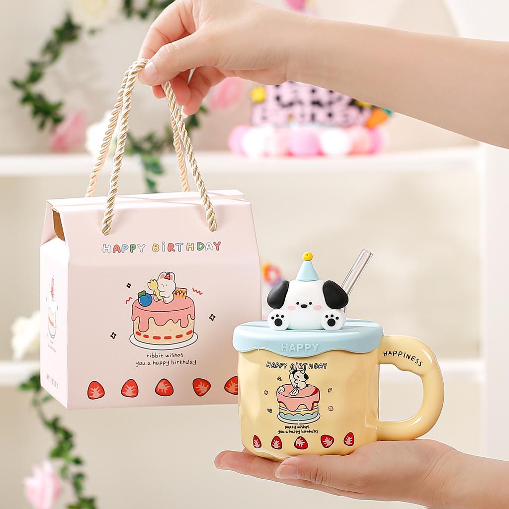 Birthday gift girls give girlfriends cartoon animal cake mug home creative water cup girl straw cup