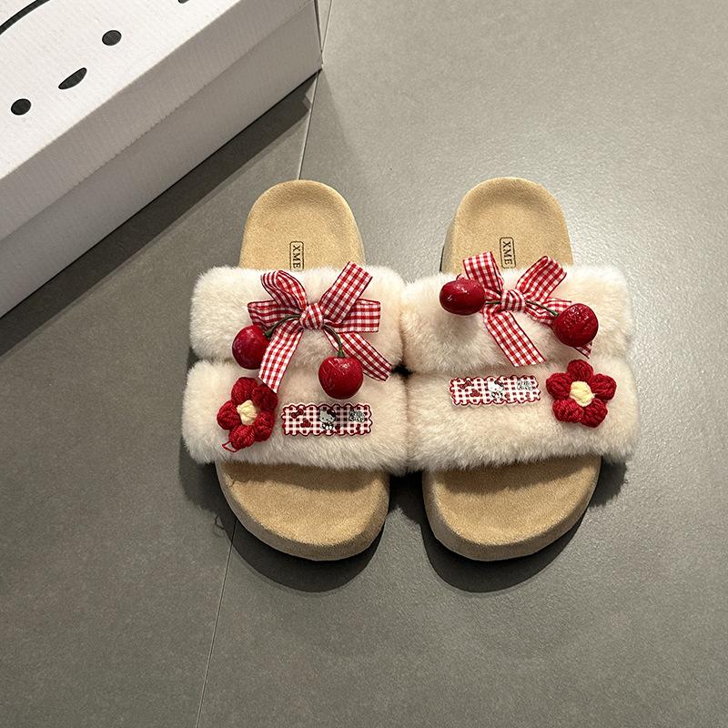 

Бантик замшевые маленькие шафрановые однословные пушистые тапочки женские осенне-зимние милые мультяшные модные повседневные тапочки на толстой подошве 40 бежевый