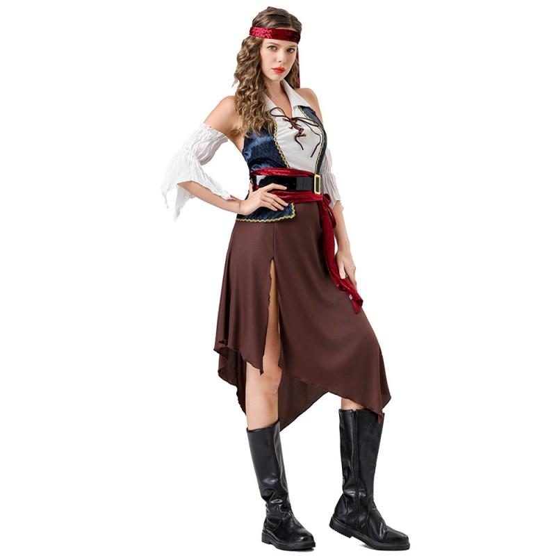 Womens Caribbean Pirate Costume Set Dress Belt Sleeve Headscarf Sash Halloween Cosplay Party Adult Role Play
