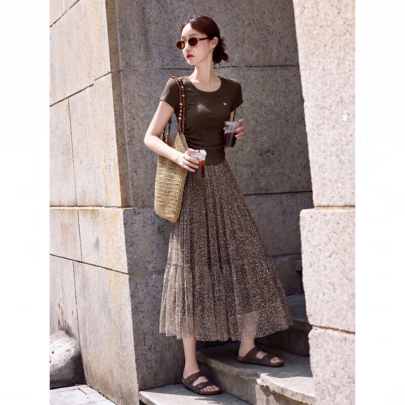 Retro Casual Knitted T-shirt & Mesh Skirt Set