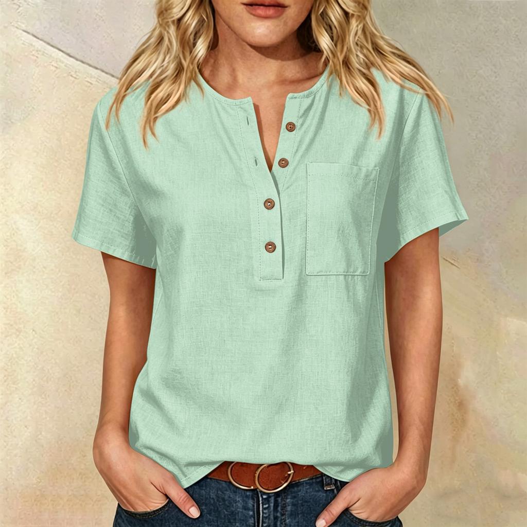 Women Henley Button Neck Short Sleeve Cotton Linen Shirt with Chest Pocket Relaxed Fit Casual Top for Everyday Wear
