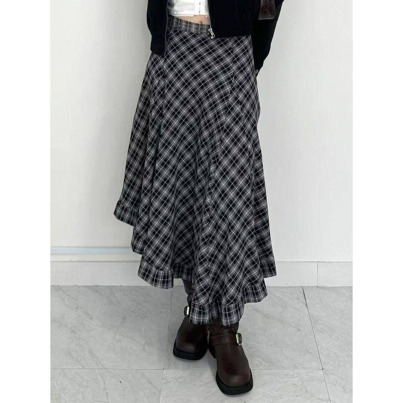 H's European and American Women's Clothing Street Retro Asymmetrical Plaid Skirt Niche Art Ruffles Skirt Mid-Length Skirt