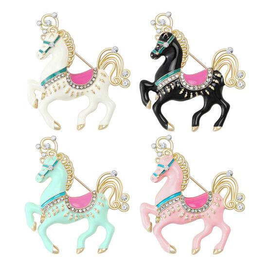 Brooch Zinc Alloy Enamel Pin Carousel Horse Pin with Rhinestones Encrusted Saddle Mane Coat Bag Hat Scarf Accessory
