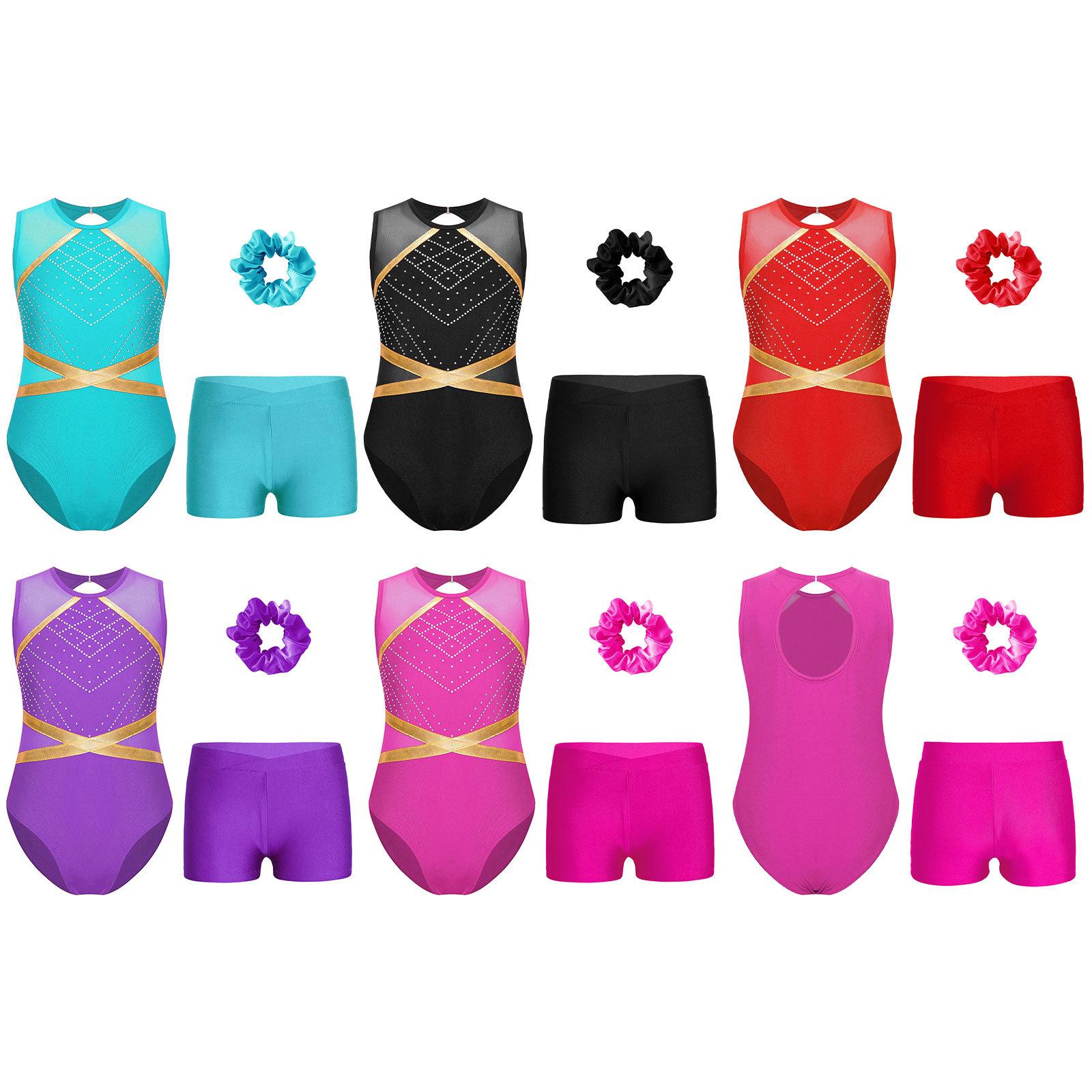 

Дитяче гімнастичне спорядження для дівчат із замковою щілиною на спині Печворк без рукавів із блискучими стразами Купальник із V-подібним поясом спереду Шорти Гумка для волосся Головний убір 5-6 Years чорний