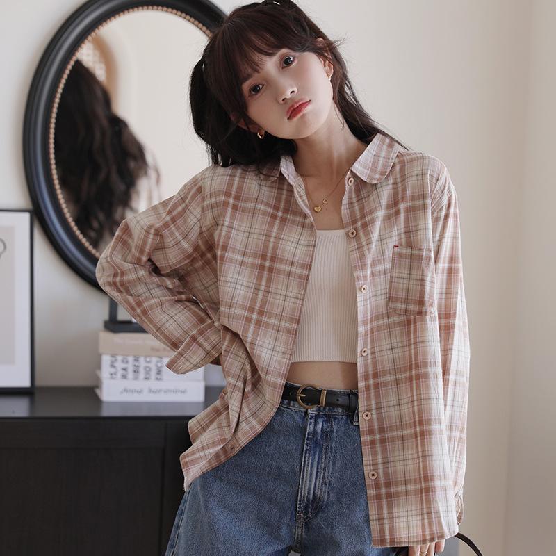 Women's Artistic Spring Plaid Shirt: Long Sleeve, Loose Fit, College Style, Age-Reducing, 2026 New Arrival