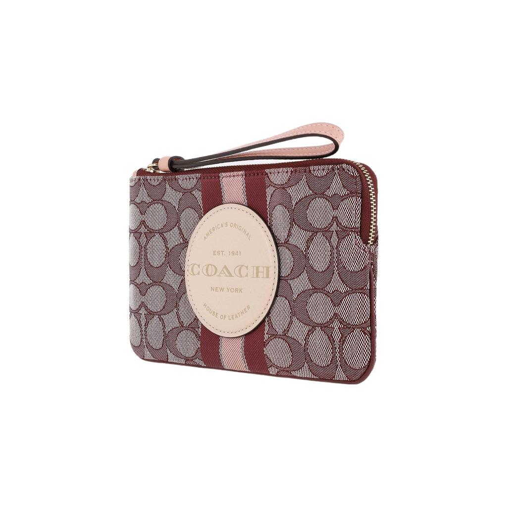 Coach Dempsey Classic Logo Stripe Jacquard Fabric And Pebble Leather Wristlet Large Women Wristlet Red Brown C8841-IMMZI
