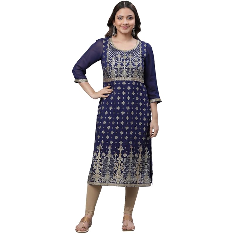 Aurelia Women's Blue Foil Lace Straight Long Kurta