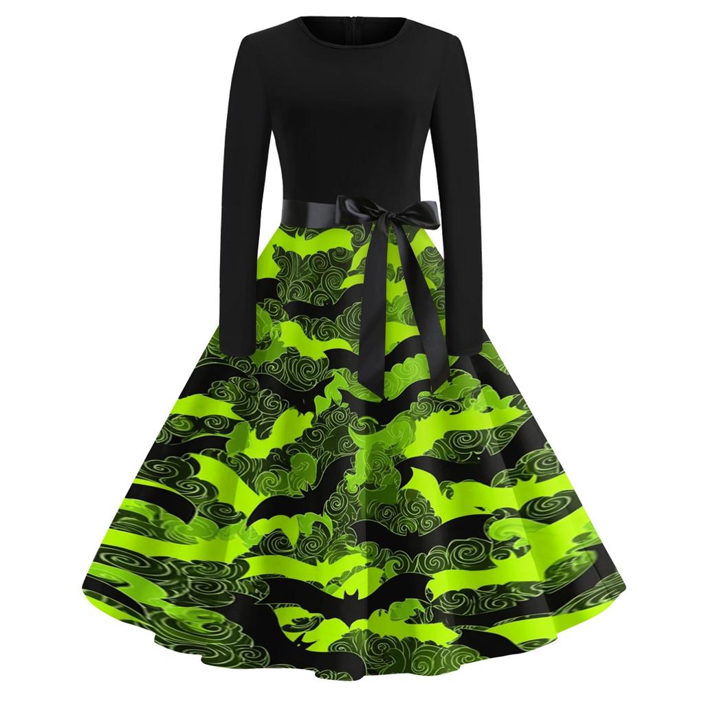Vintage Dress for Women Retro Halloween Dress with Pumpkin Skull Print Long Sleeve Western Dress for Women Boho Maxi Dress