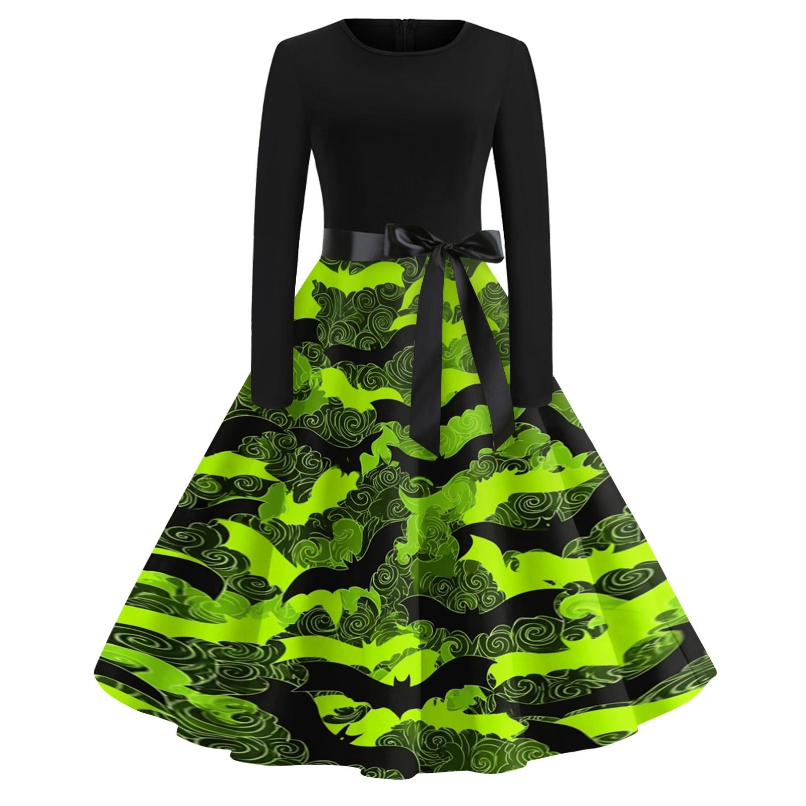 Vintage Dress for Women Retro Halloween Dress with Pumpkin Skull Print Long Sleeve Western Dress for Women Boho Maxi Dress L