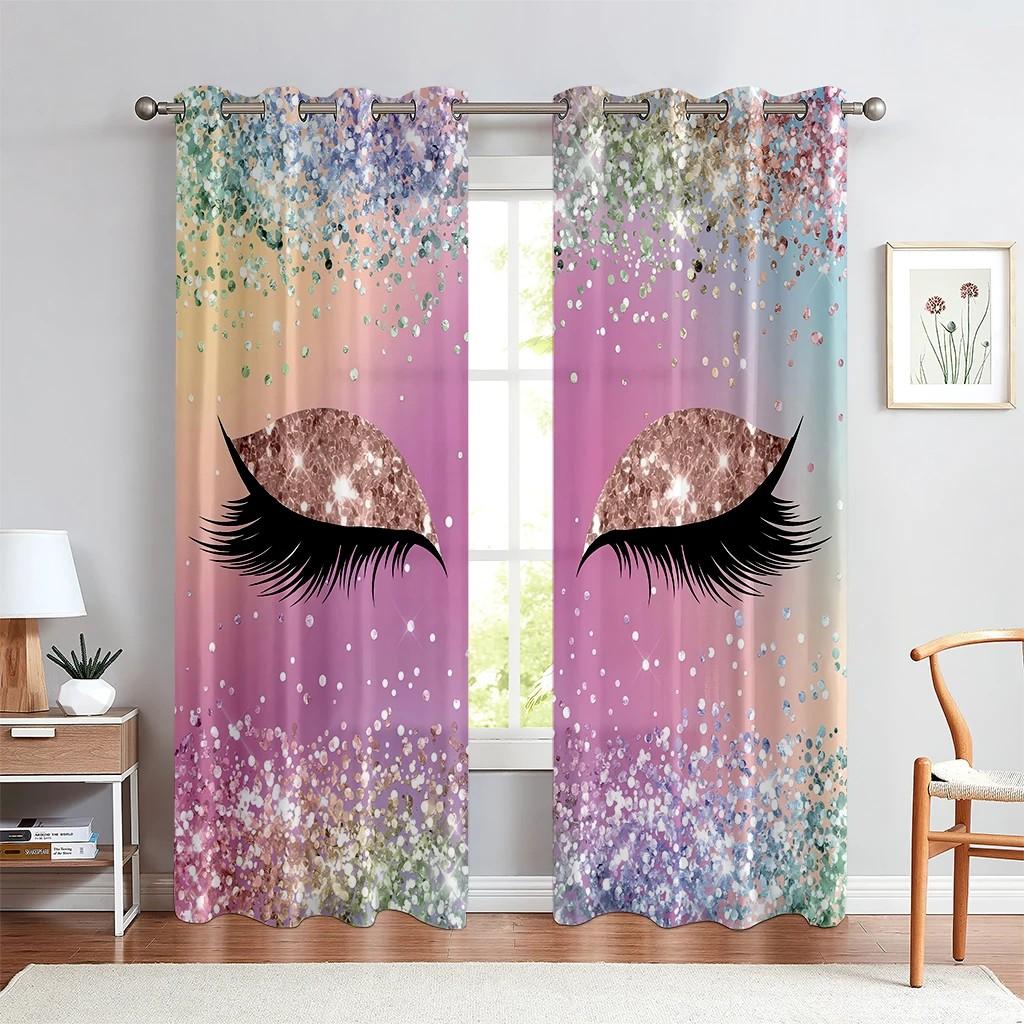 Window Curtains Cartoon Fantasy Unicorn Eyelashes Glittering Print Custom Curtains Girls Room Living Room Study Decoration 2PCS