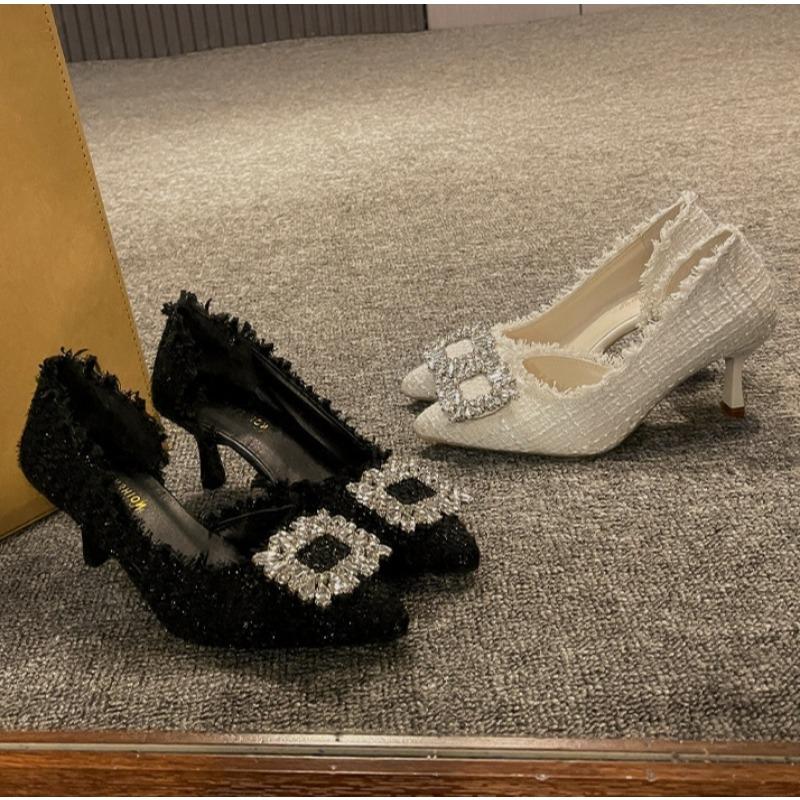 Luxury Rhinestone Buckle Pumps 2025 Summer New Style French Style Design Pointed Toe Tweed Fabric High Heel Women Sandals