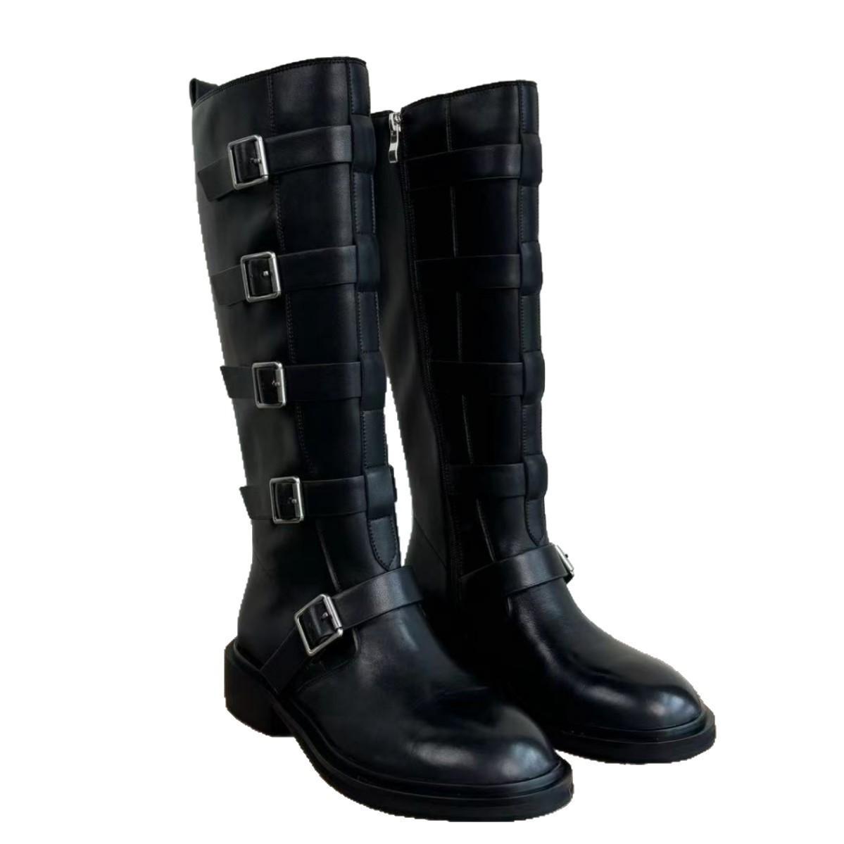 

Sheepskin version niche retro belt buckle thick heel high boots round head knight western boots women 35