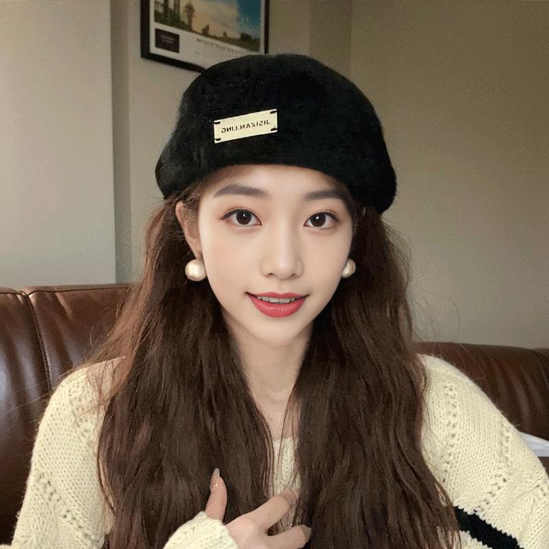 Autumn and Winter Warm Rabbit Wool Hat for Women New Style Back Wearing Beret Retro Versatile Dual Purpose Front Hat Solid Color Painter Hat