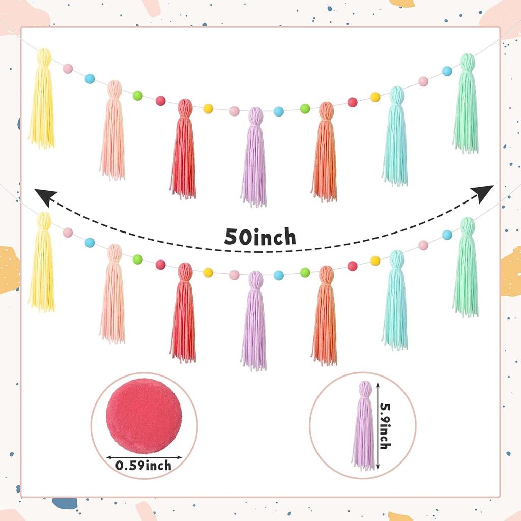 Colorful Boho Tassel Garland Rainbow Pom Pom Each 50'' Colorful Classroom Decoration Boho Banner for Kid Nursery Wall Decor Baby Shower Back To