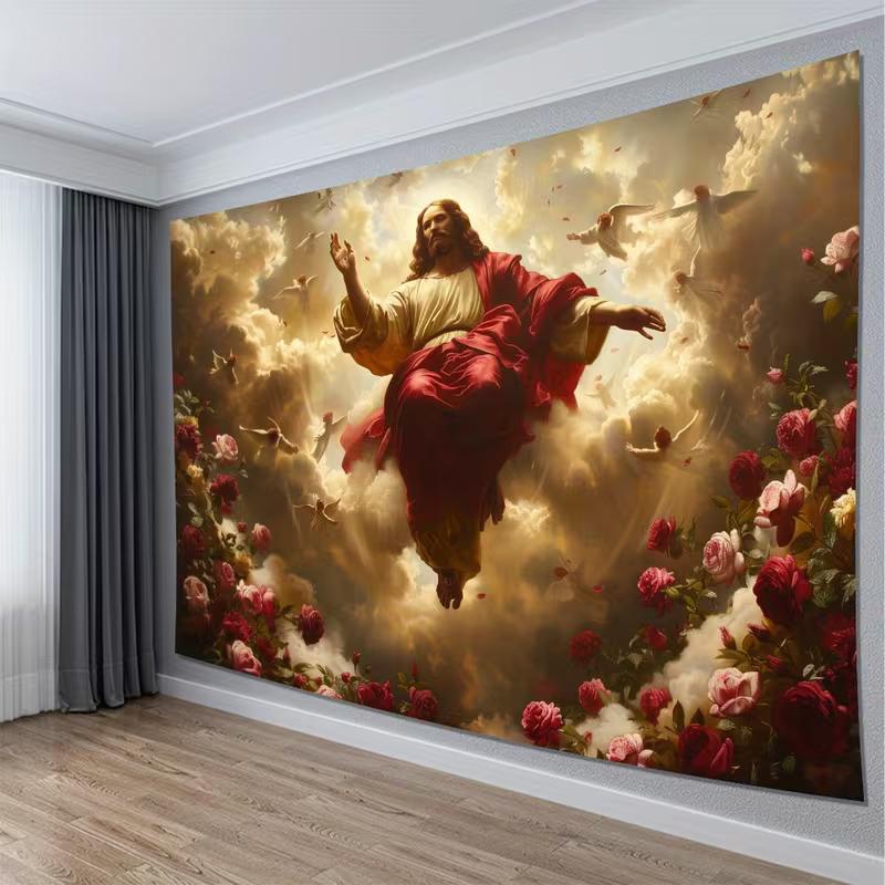 2D Christian Jesus Tapestry, Sacred Heaven & Roses Wall Art for Home Decor