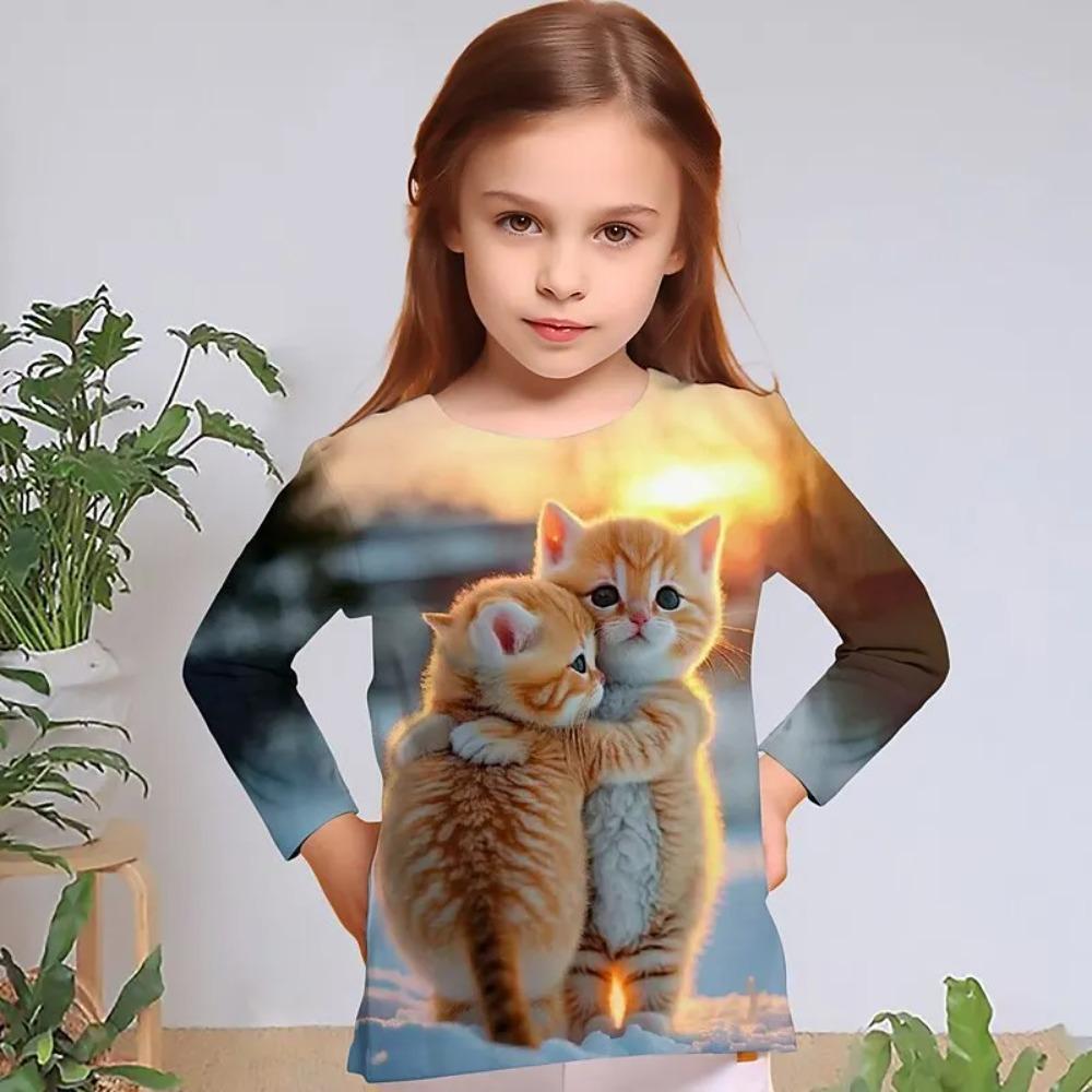 

Children s Cat Cuddling Pattern 3D Digital Print Girl Fashionable and Comfortable Round Neck Long Sleeved T-shirt 100 оранжевый