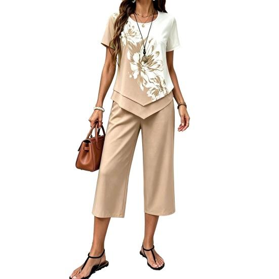 

Women s Casual 2 Piece Sets Short Sleeve Crew Neck Top And Cropped Pants Sets Summer Floral Lounge Outfits M абрикосовый