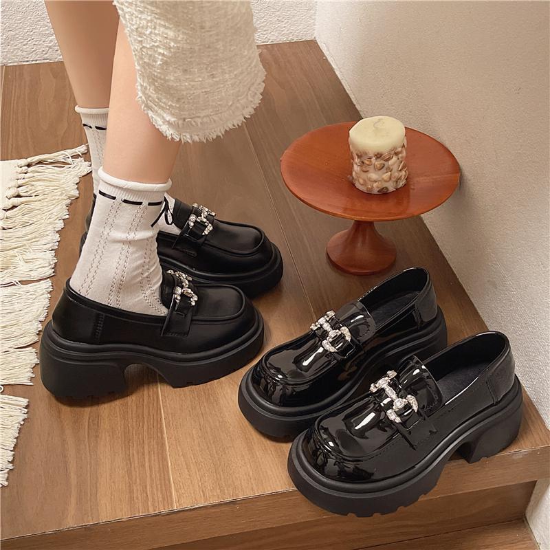 Fashion Women's Oxford Shoes Autumn Leather Slip on Round Toe Shoes Woman Solid Bright Diamond Platform Flats Casual Shoes