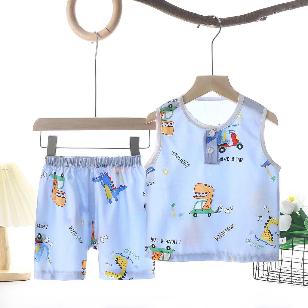 Summer Kids Cotton Silk Vest And Shorts Set Boys Girls Breathable Pajamas Home Wear Two Piece Outfit For Baby