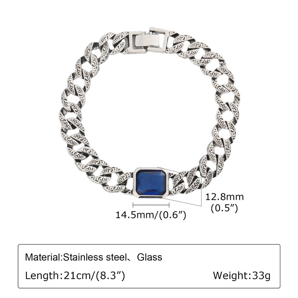 Chunky Cuban Chain Bracelets for Men Boys,Embossed Stainless Steel Chain Link Wristband with Blue Stone,Retro Jewelry Gift