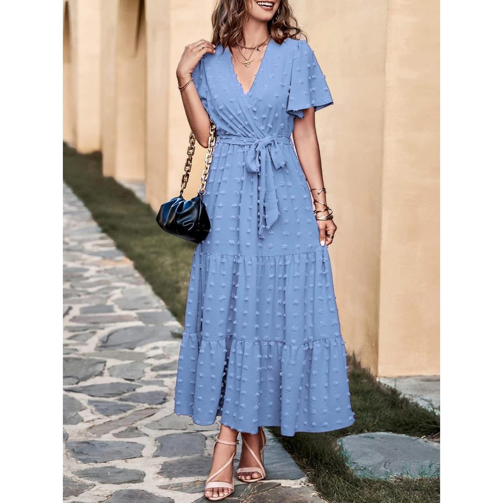 New Boho Swiss Dot Maxi Dress for Women, V Neck Flowy Short Sleeve Tie Waist A Line Long Dress