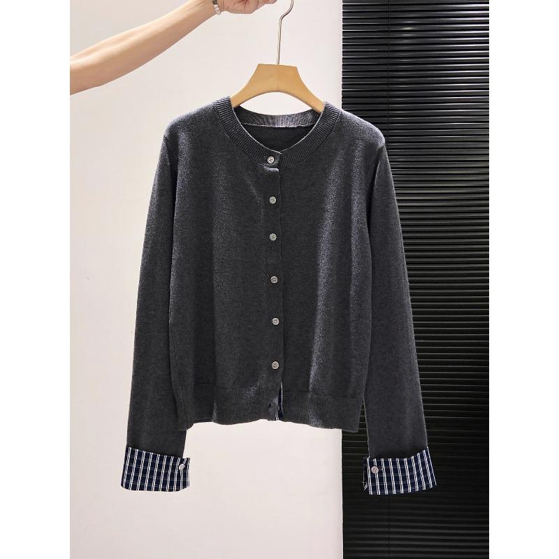 Plaid splicing single-breasted cardigan women's spring and autumn fashionable top knitted sweater versatile jacket
