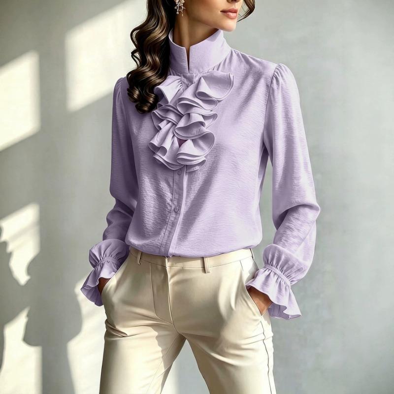 Women S Stand Collar Long Sleeve Solid Polyester Shirt Elegant Commuter Style